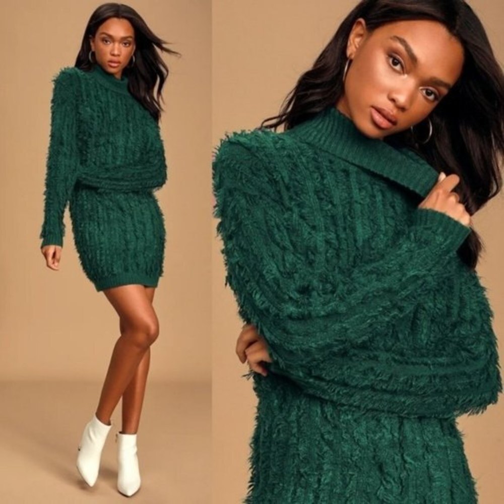 Lulu's Snuggle Up To You Hunter Turtleneck Knitted Woven Green Sweater Dress